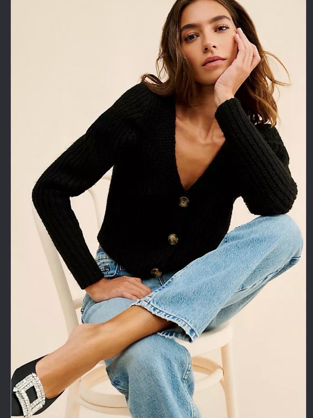 Black V-Neck Ribbed Button Cardigan Sweater - Women